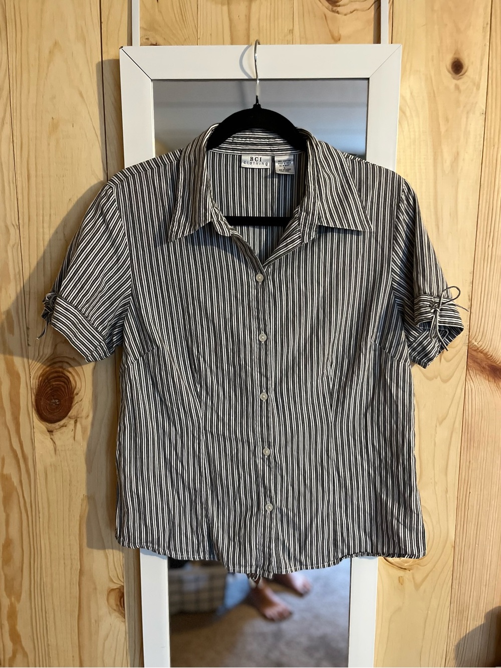 BCI Clothing Pinstripe Button Down Blouse W/ Tie Details 100% Cotton